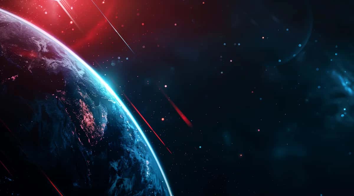 Digital planet with blue and red neon light effects, cosmic space background with stars
