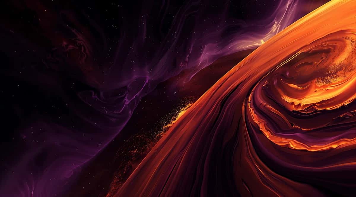Abstract swirling orange and purple liquid waves with glowing light effects on dark background