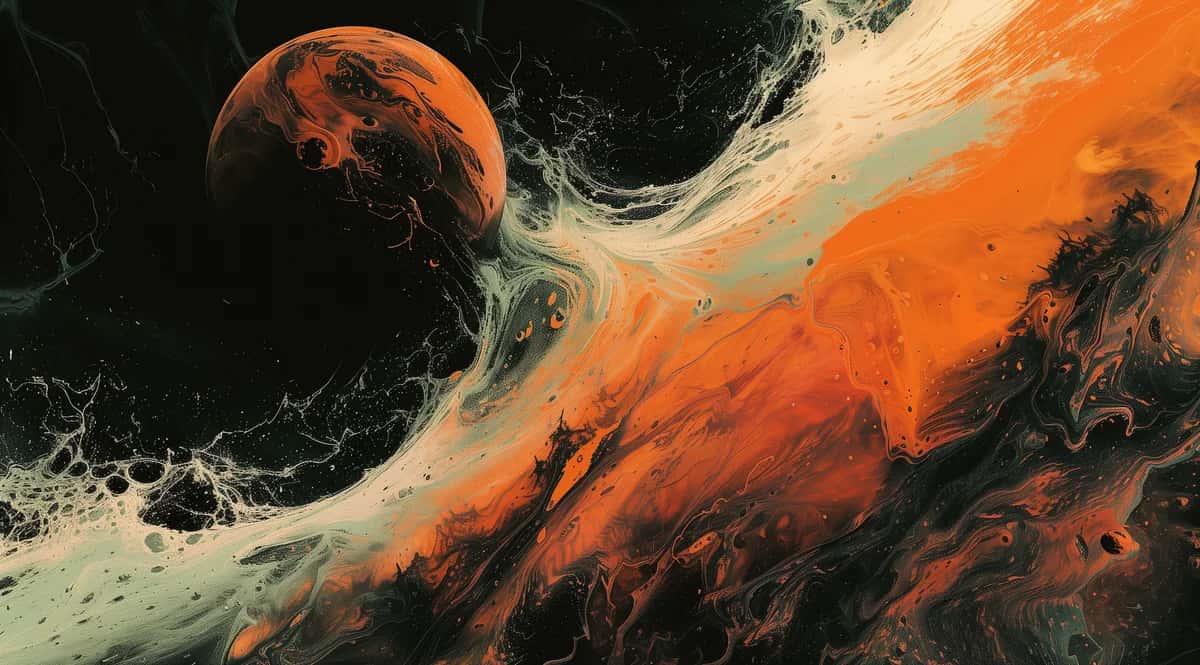 Abstract fluid art with orange and black swirls, cream-white flowing patterns, cosmic composition
