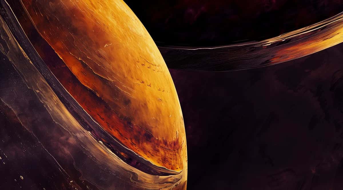 Golden planet with rings against black space, warm orange and amber tones, cosmic scene