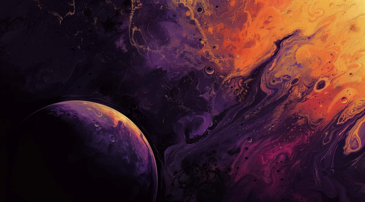 Abstract cosmic scene with purple planet and swirling orange nebula clouds in space