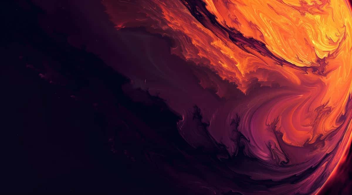 Abstract swirling waves of orange, red, and deep purple with dark smoke-like gradients