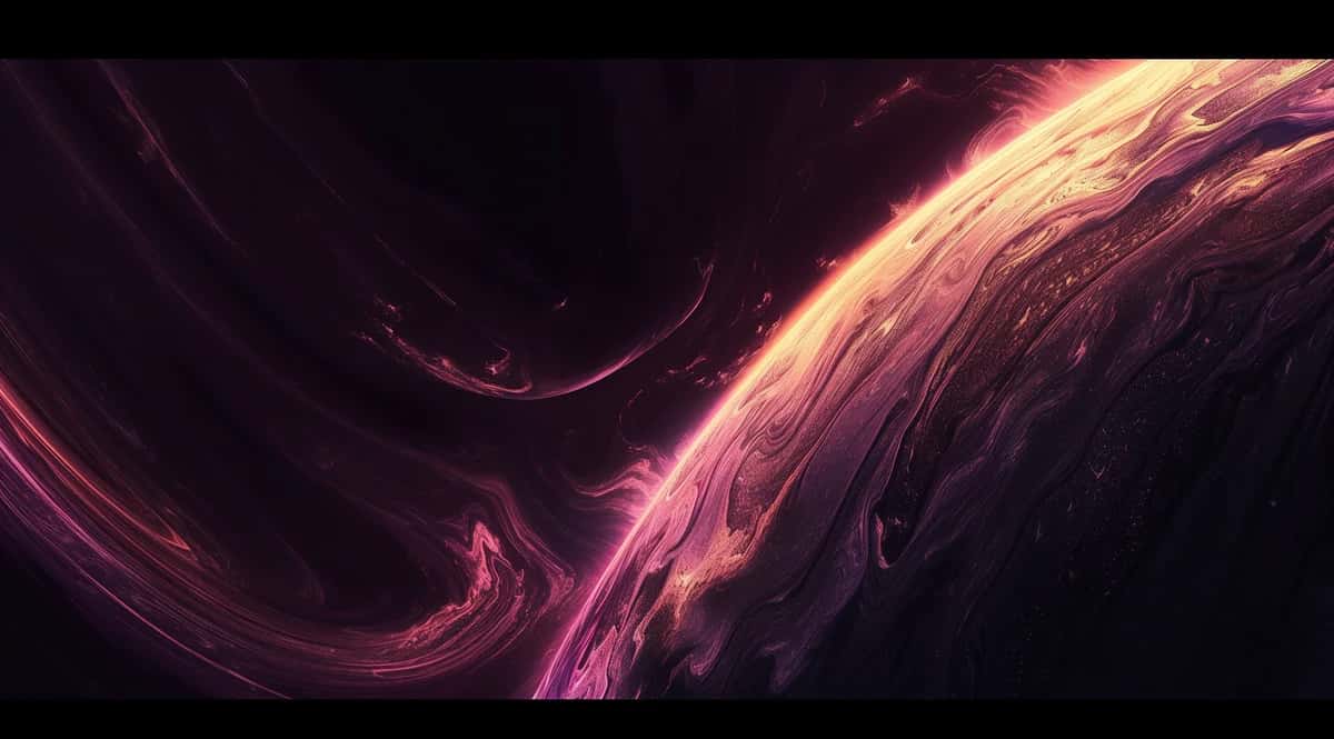 Abstract swirling pink and gold light streams on dark background, fluid motion design
