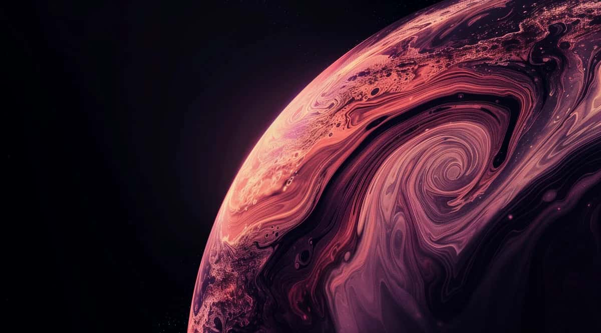 Pink and purple swirling storm system on planet surface, dark space background