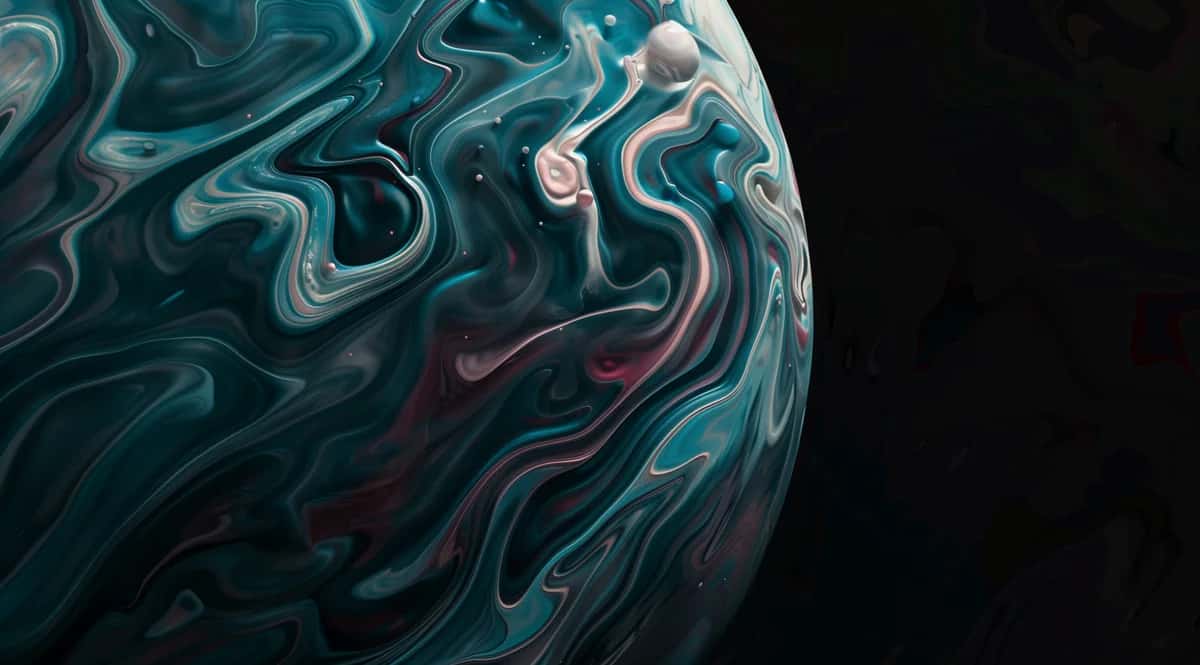 Abstract liquid swirl pattern with teal, cyan, and burgundy flowing waves against black background