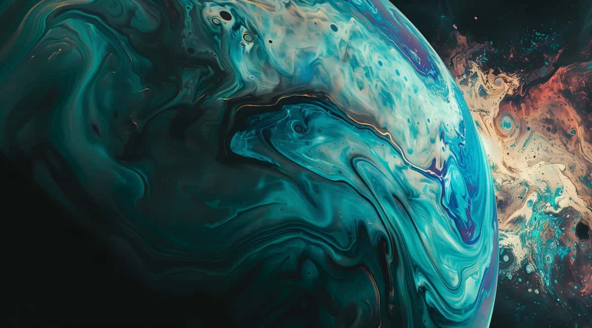 Abstract swirling turquoise and teal fluid art with warm orange accents, dynamic organic composition