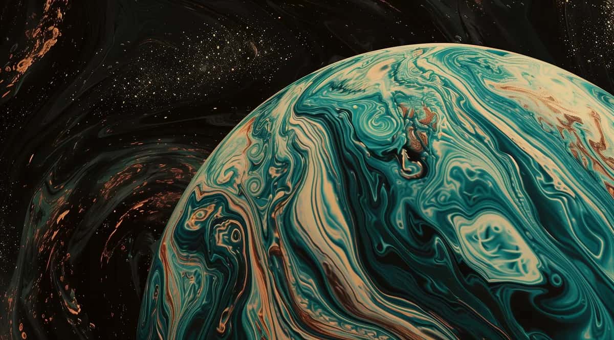 Abstract swirled marble texture with teal, cream, and black flowing patterns, cosmic composition