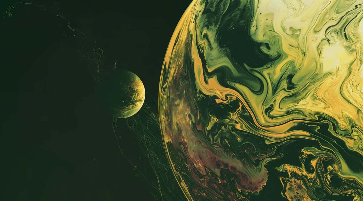 Abstract liquid marbled surface with golden yellow and deep green swirls, small crescent moon in dark space