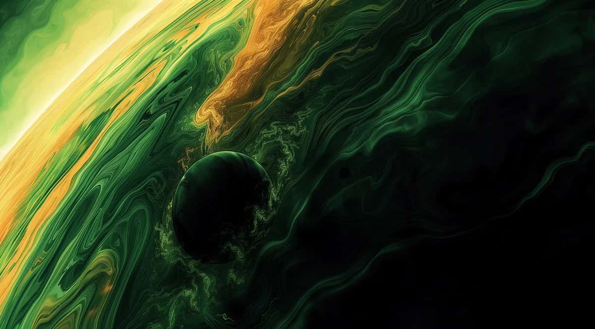 Abstract swirling green and gold liquid waves with dark void, cosmic atmosphere
