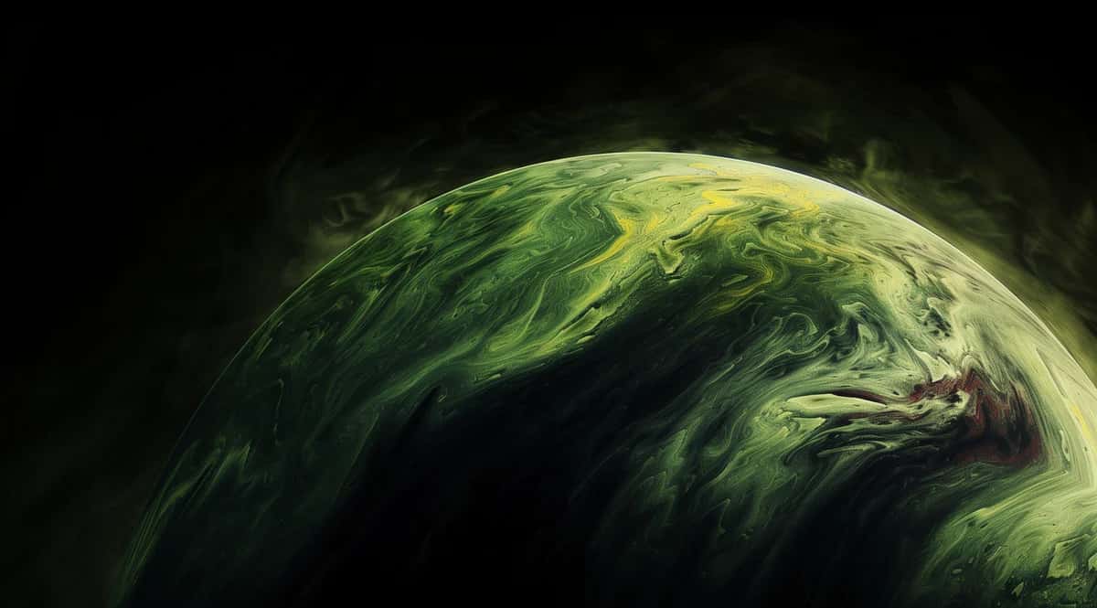 Abstract swirling planet with yellow-green atmospheric layers and dark cosmic background