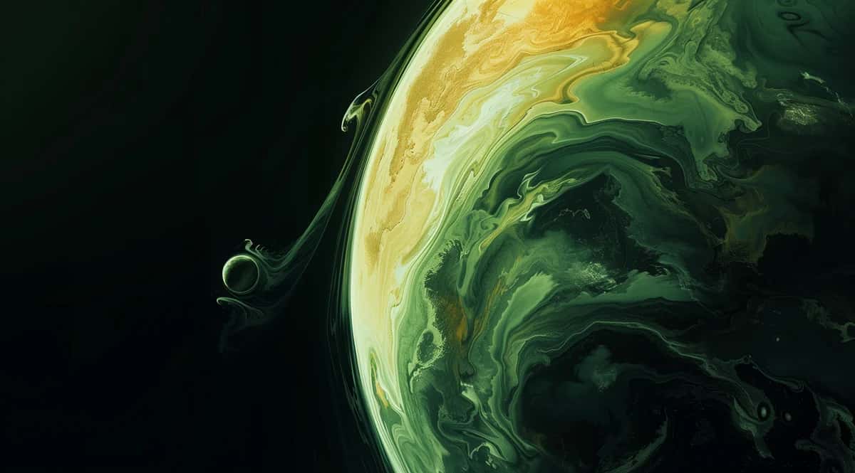 Abstract swirling planet with golden yellow and deep green liquid patterns against black space