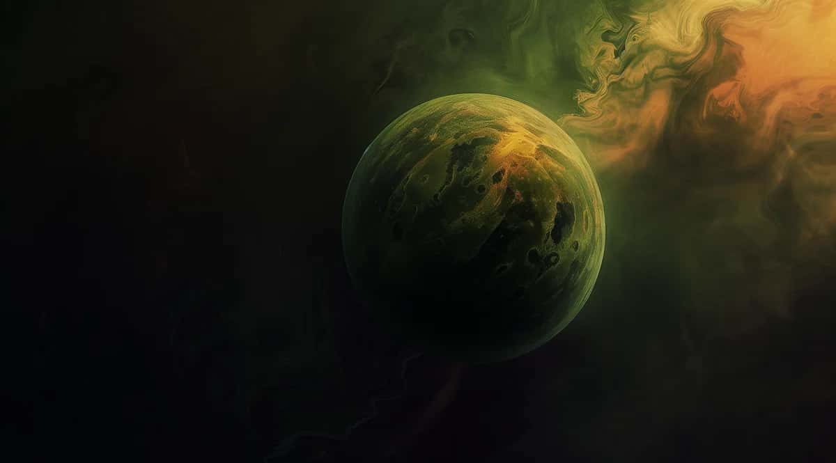 Glowing yellow-green planet with atmospheric clouds in cosmic space, warm orange and dark background