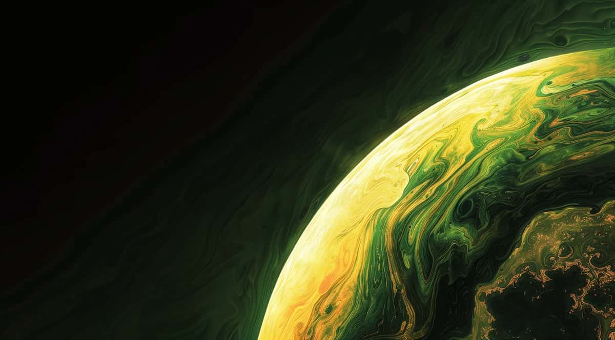 Glowing yellow and green planet with swirling atmospheric patterns against dark space