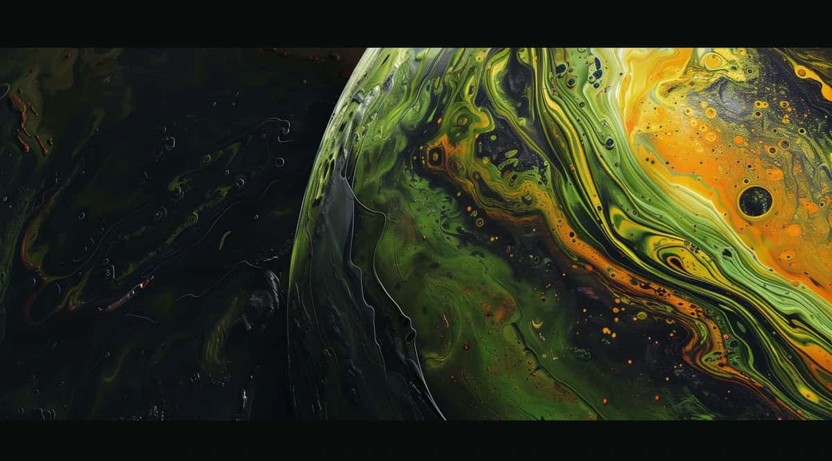 Abstract fluid art with swirling green, yellow, and black organic patterns