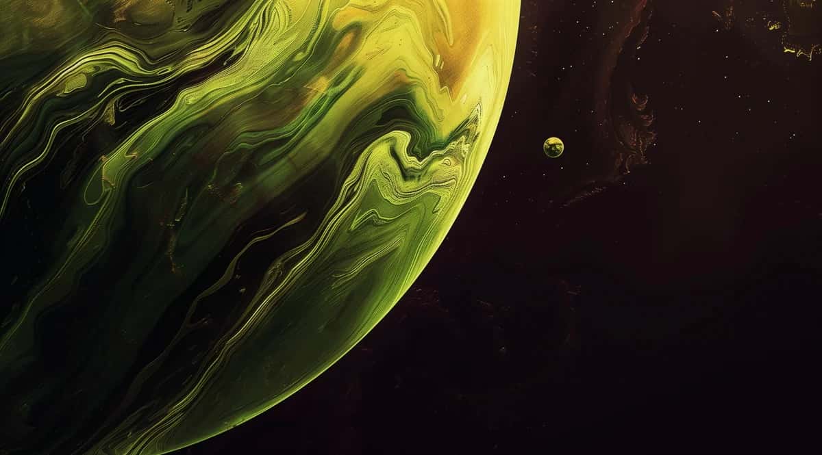 Abstract liquid swirl in lime green and yellow on dark black background, flowing organic forms