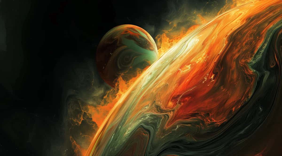 Abstract cosmic swirl with orange flame and emerald green tones on black background