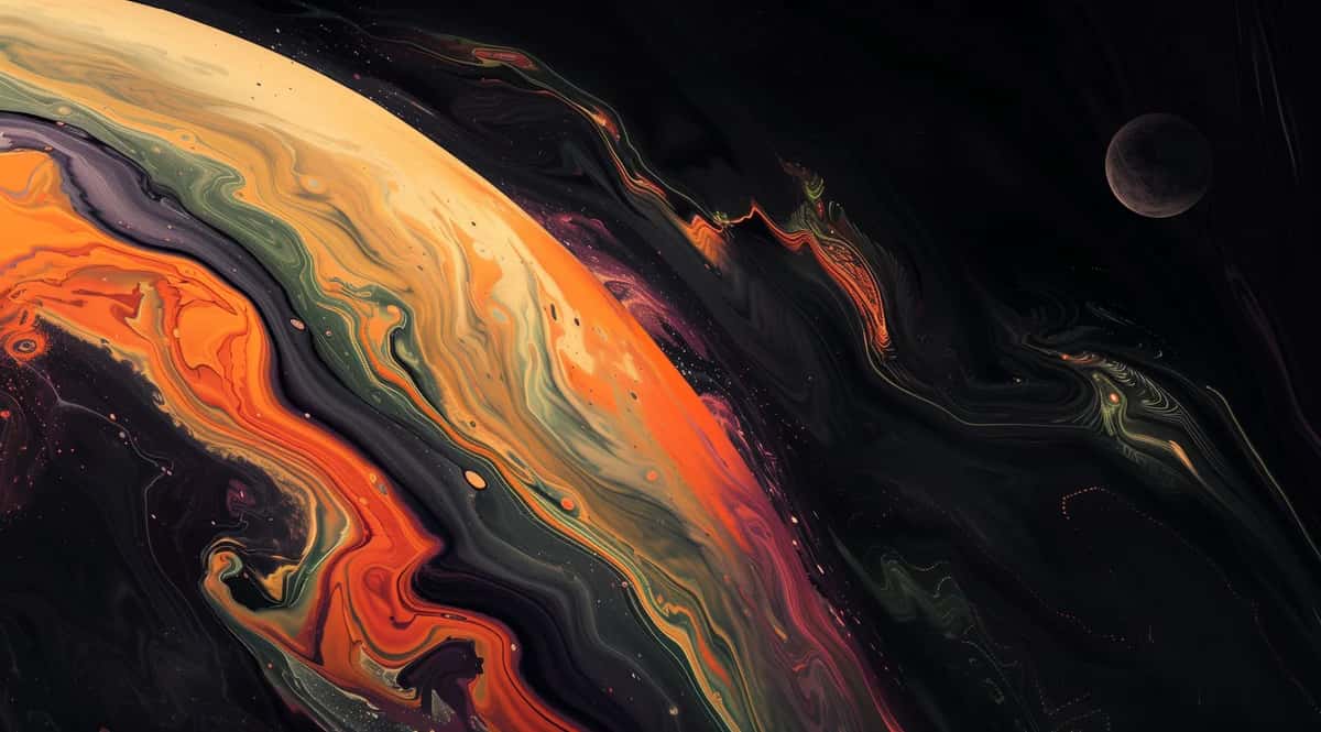Abstract fluid art with swirling orange, gold, and black patterns against dark space background