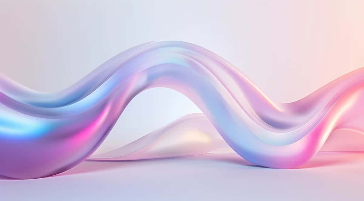 Soft pastel iridescent 3D wave ribbon in lilac, sky blue and pink on pale background