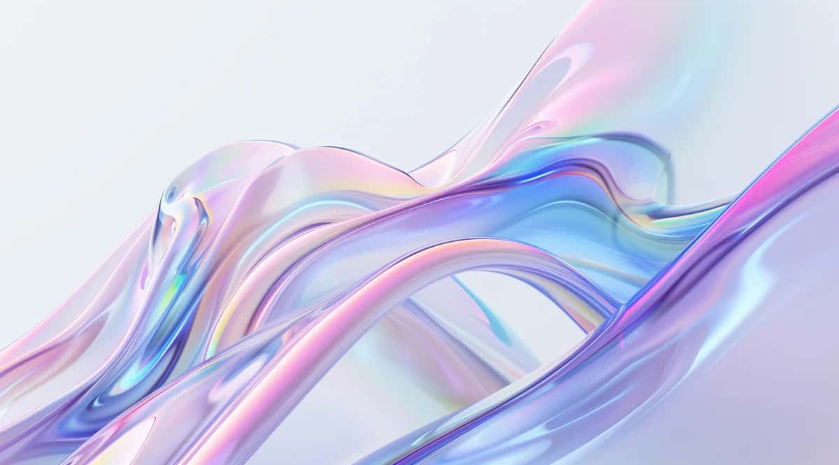 Abstract flowing ribbons with iridescent pink, blue, and purple gradients on soft white background