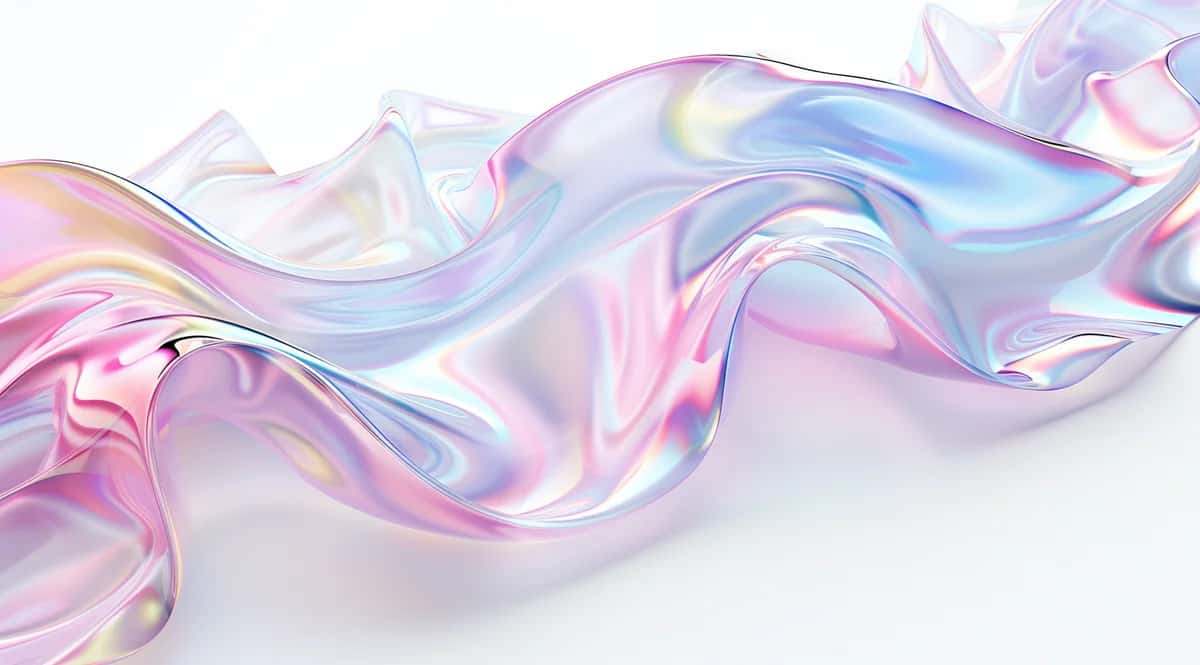 Abstract iridescent glass waves, pink blue purple gradient, flowing liquid-like forms