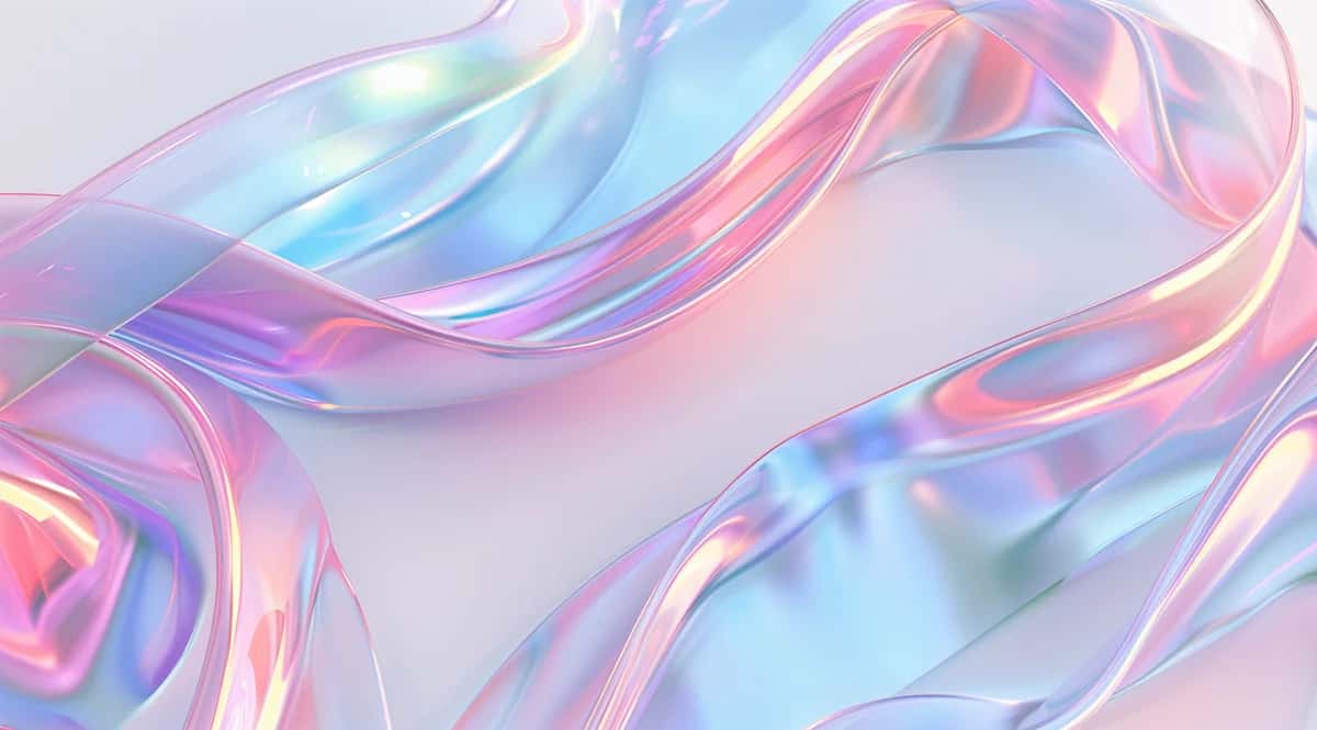 Abstract iridescent ribbons flowing across white background, gradient holographic colors pink blue purple