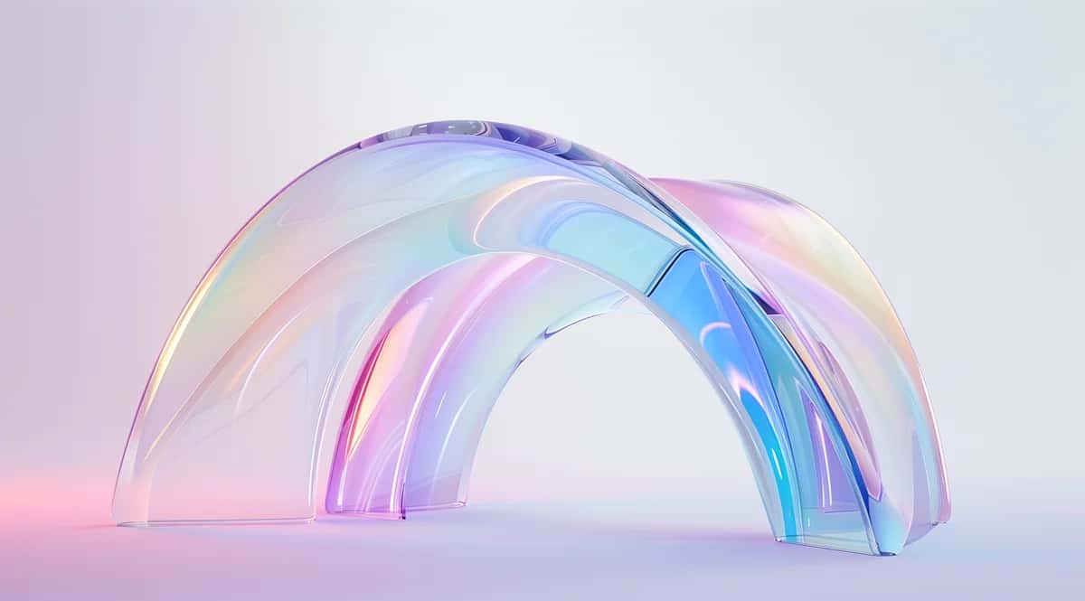 Translucent iridescent arches with pink, blue, and purple gradients on minimalist white background