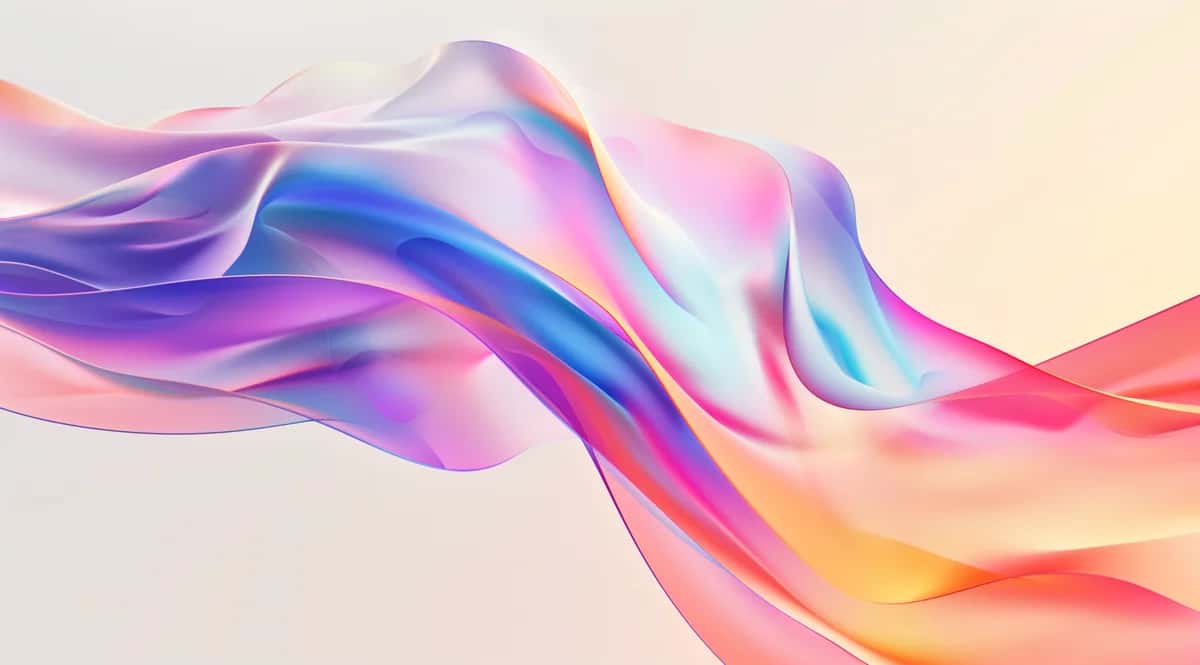 Abstract flowing ribbons in gradient pink, purple, blue, and orange hues with smooth wave composition