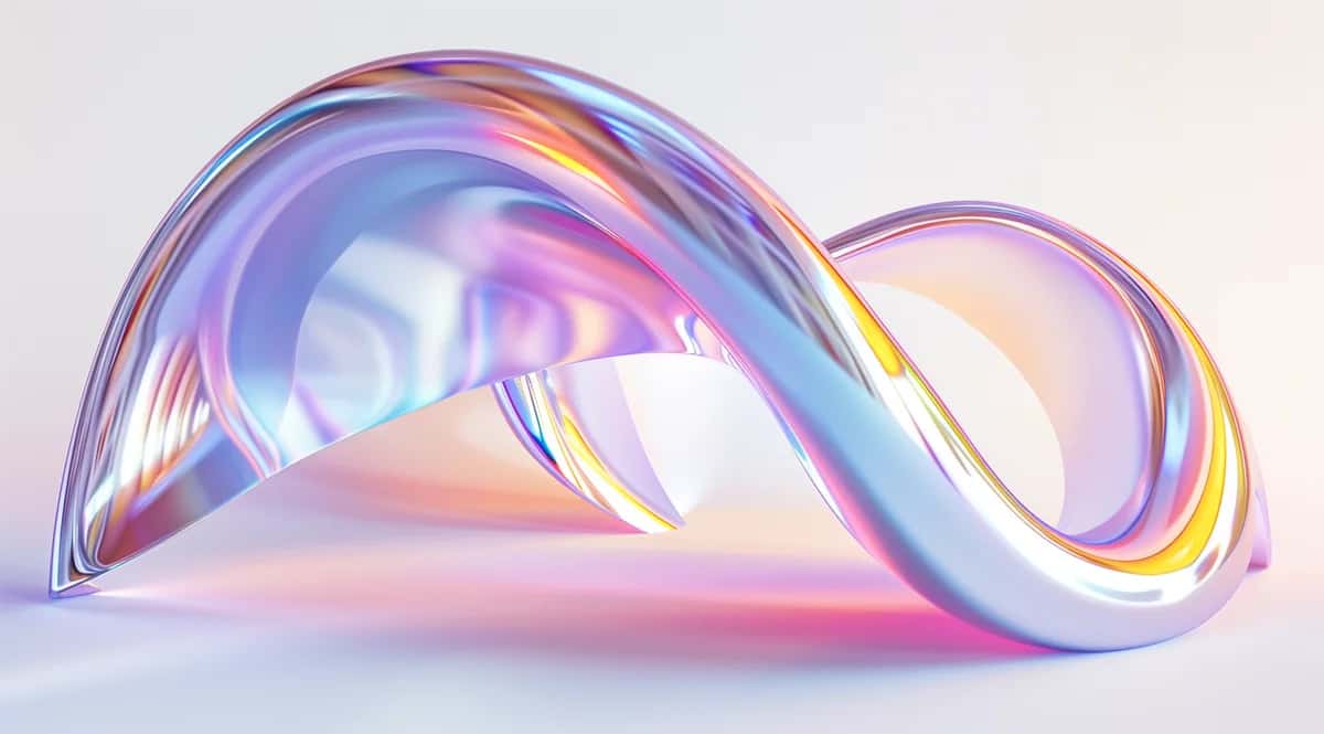 Abstract iridescent glass wave form with pink, blue, and gold gradient light reflections
