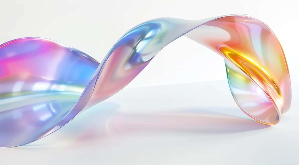 Abstract iridescent ribbon wave with rainbow gradient colors on white background