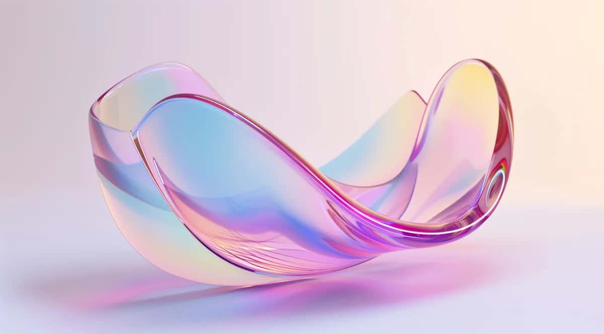 Translucent curved glass form with iridescent pink, blue, and purple gradient on soft white background