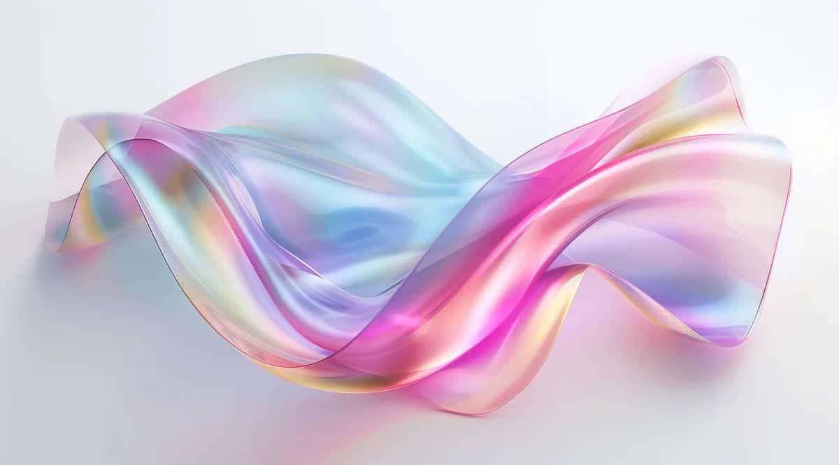 Iridescent flowing ribbon with pink, blue, and yellow gradient against white background