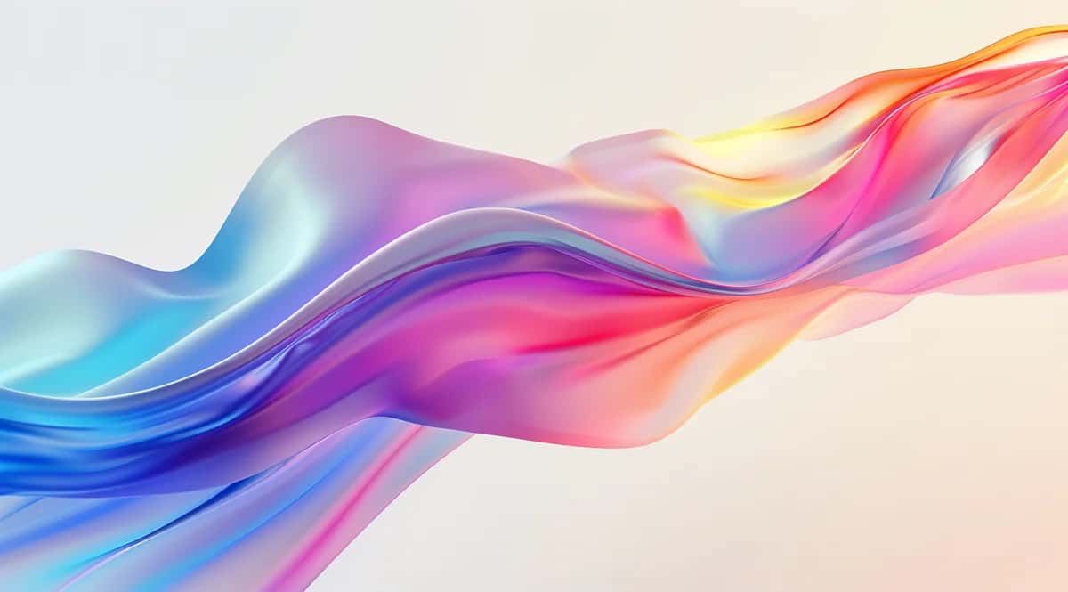 Abstract flowing ribbons in blue, purple, pink, and gold with smooth wave-like curves