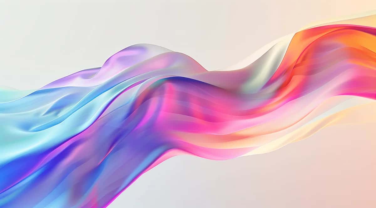 Flowing iridescent ribbons with gradient colors transitioning from blue, purple, pink to orange on white background