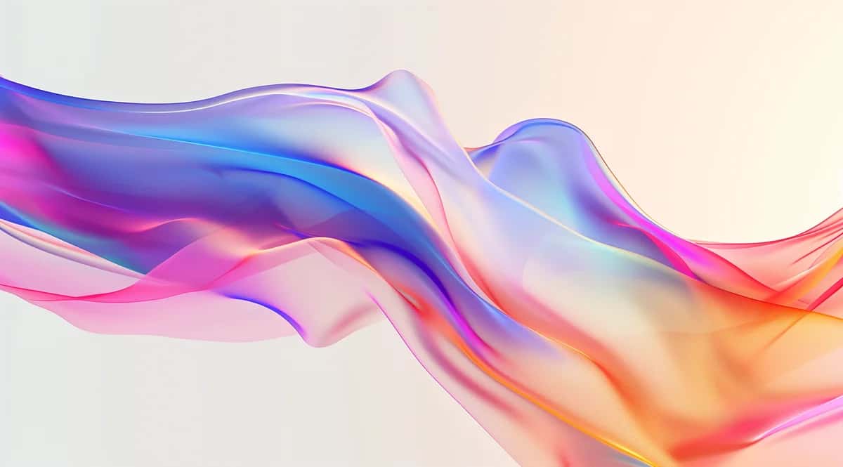 Abstract flowing ribbons in gradient blues, pinks, and oranges on cream background