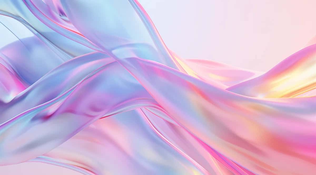 Abstract flowing ribbons with iridescent pink, blue, yellow, and purple gradients