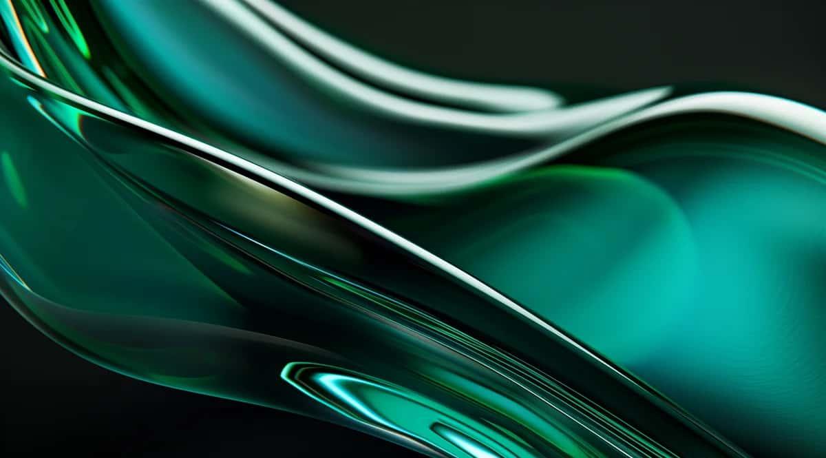 Abstract flowing glass forms, emerald green and turquoise with white highlights, dynamic curved composition