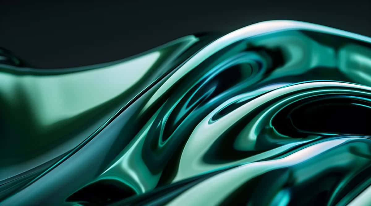 Abstract flowing liquid metal forms in teal and turquoise with glossy reflective surfaces