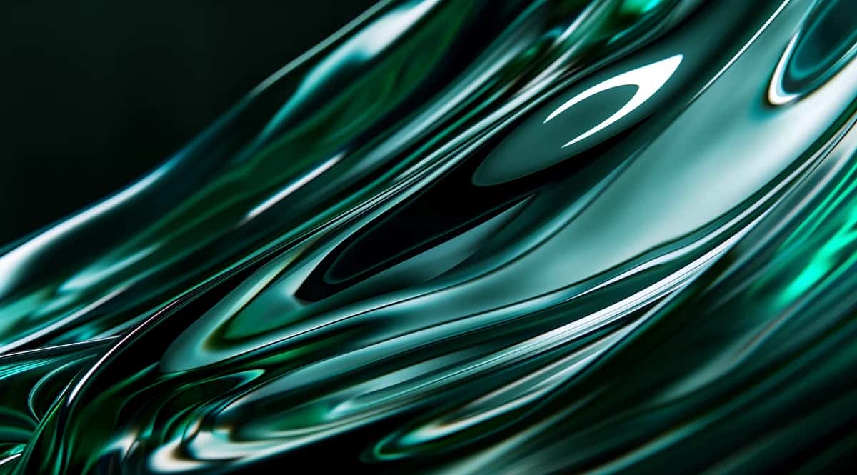 Abstract flowing liquid waves, teal and emerald green with white highlights, dynamic diagonal composition