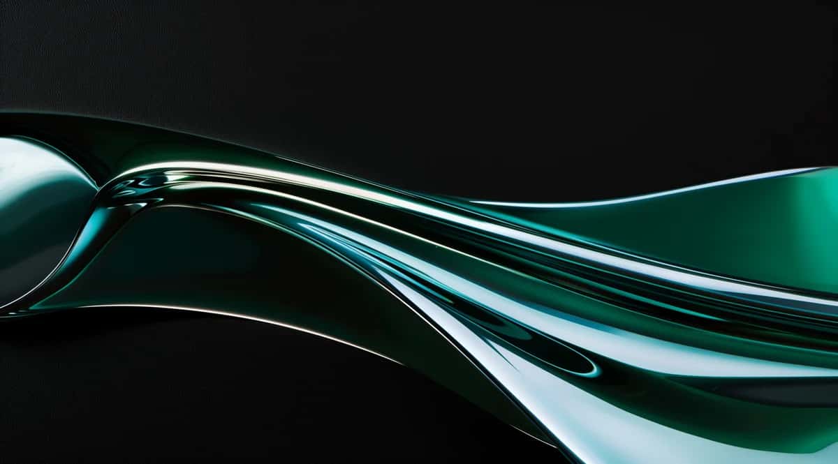 Abstract liquid glass wave, emerald teal green flowing ribbons, dark background, glossy reflection