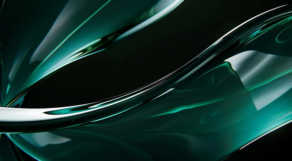 Abstract flowing curves and ribbons in teal, white, and dark green on black background