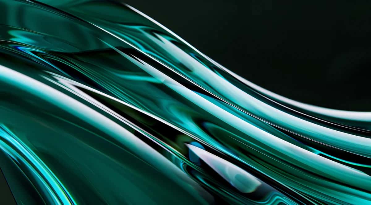 Abstract flowing teal and cyan ribbons with glossy metallic streaks on dark background