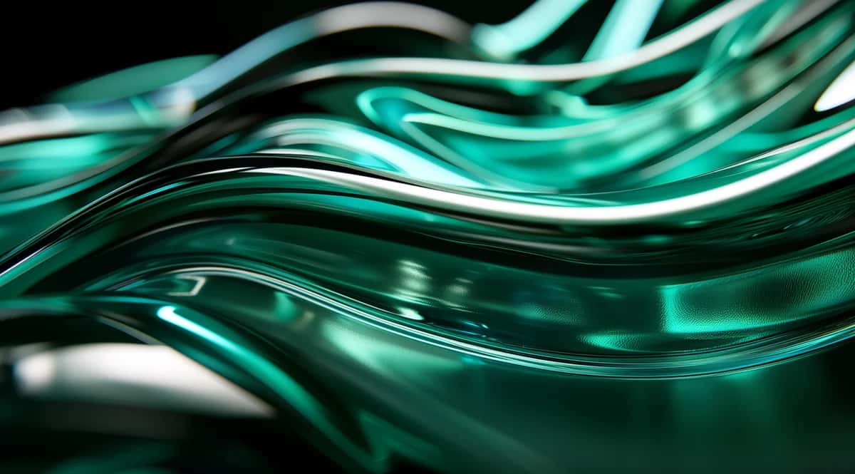 Abstract flowing waves in turquoise and teal with glossy reflective surfaces and dynamic motion