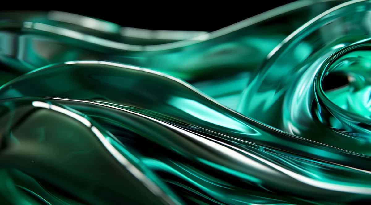 Abstract flowing glass shapes in turquoise and teal with dynamic light reflections and depth
