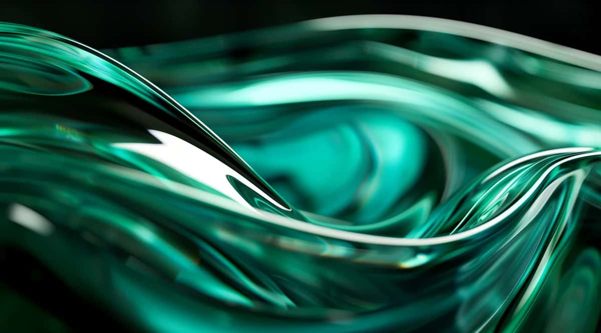 Abstract flowing liquid waves in turquoise and teal with glossy reflective surface