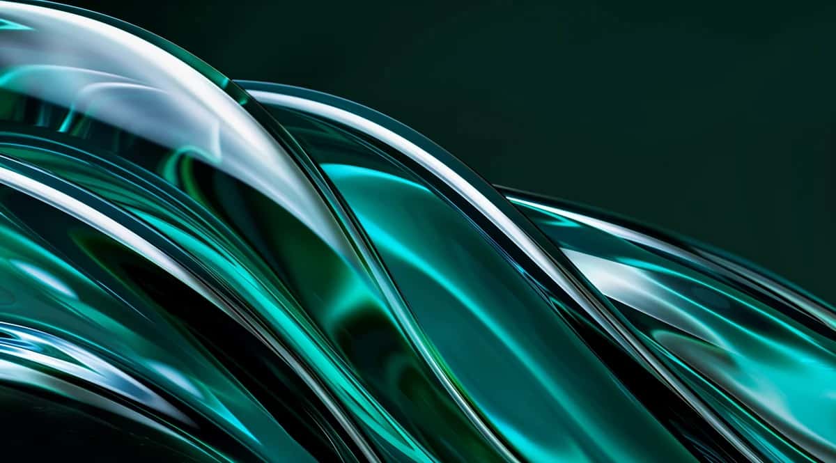 Abstract flowing glass ribbons in turquoise and teal against dark green background