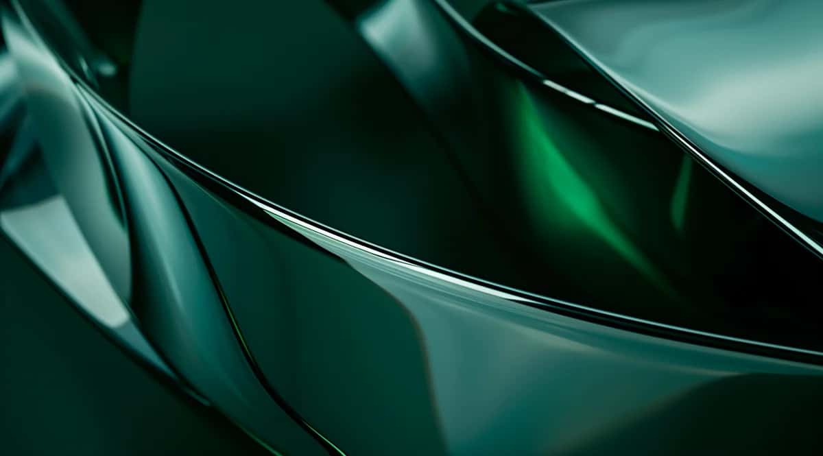 Abstract flowing curves in teal and dark green with glossy reflective surfaces and dramatic lighting