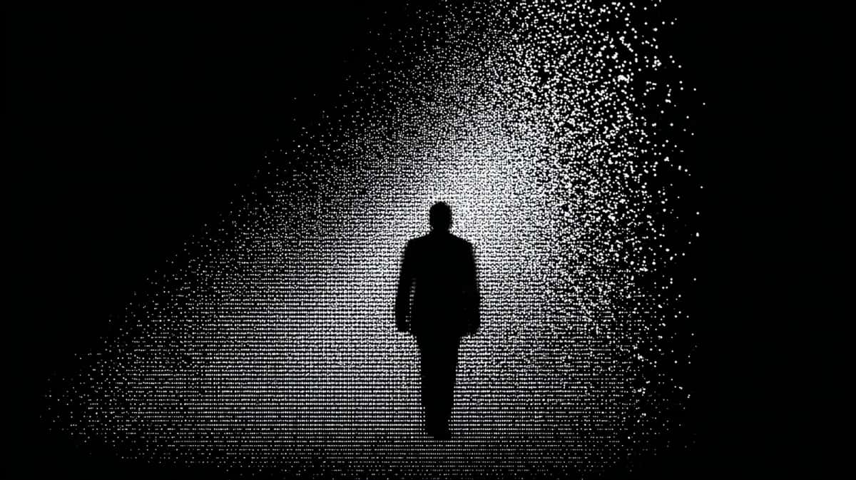Silhouetted figure standing alone against glowing particle burst, black and white