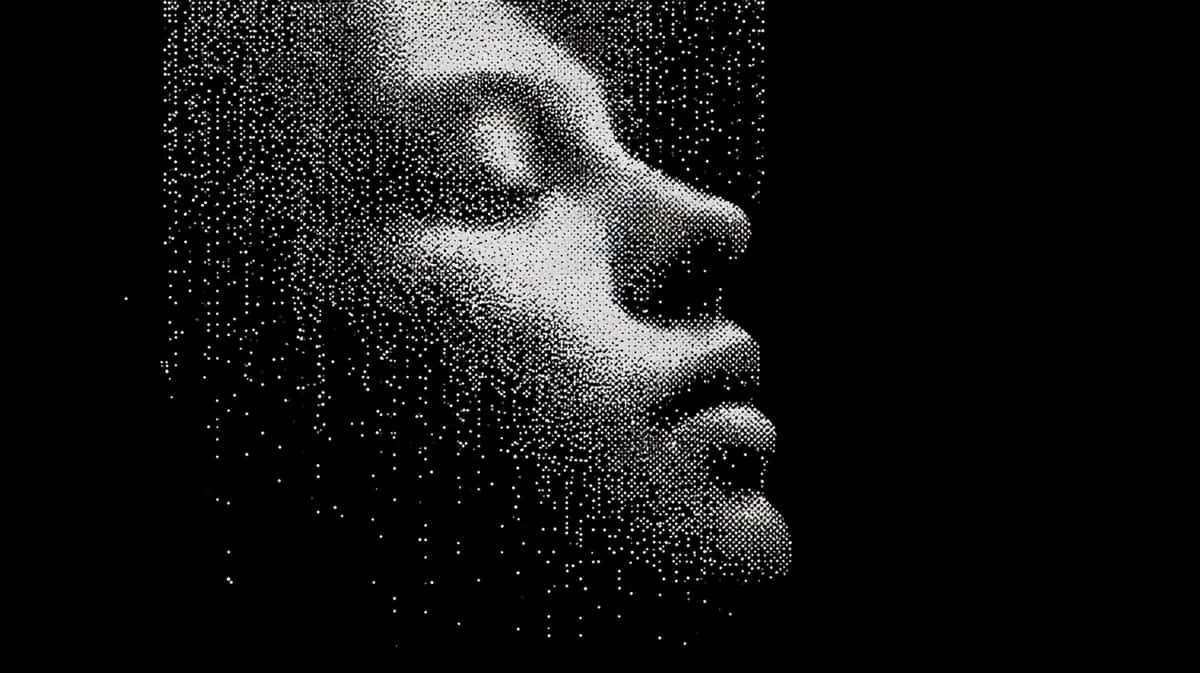 Profile of person's face dissolving into particles, black and white, minimalist composition