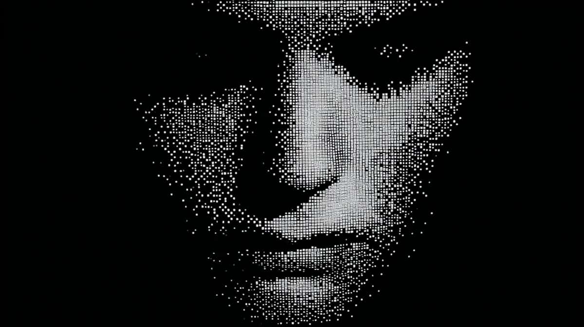 Pixelated monochrome portrait, grayscale dotted texture, dramatic dark background, minimalist face