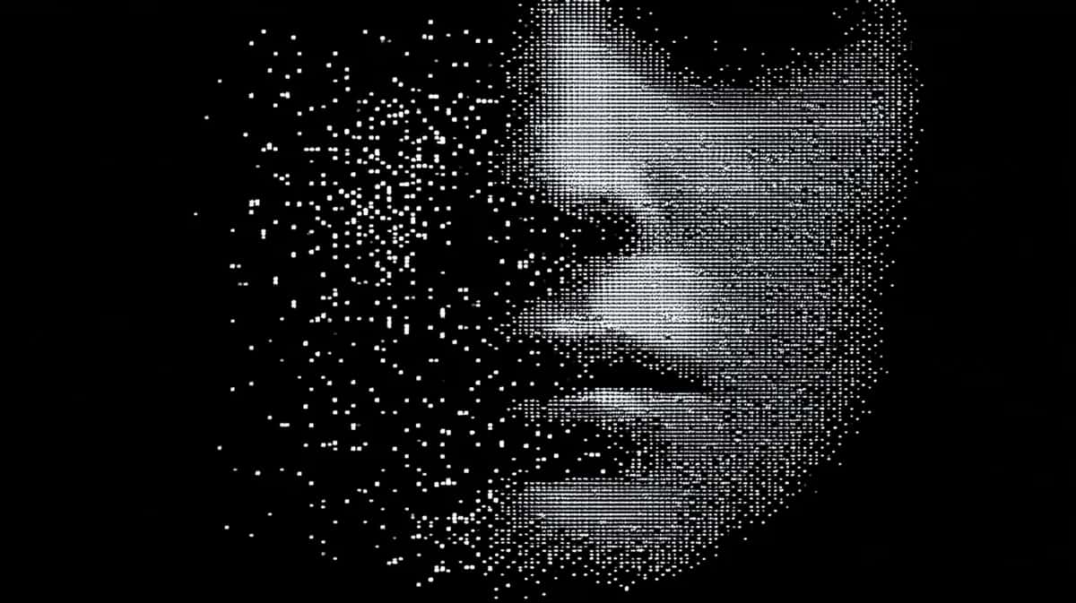 Pixelated monochrome portrait face dissolving into scattered particles on black background